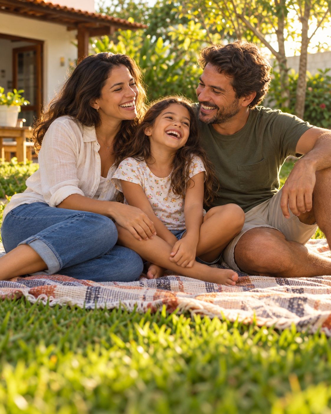 Família sorrindo e compartilhando um momento de carinho no quintal
