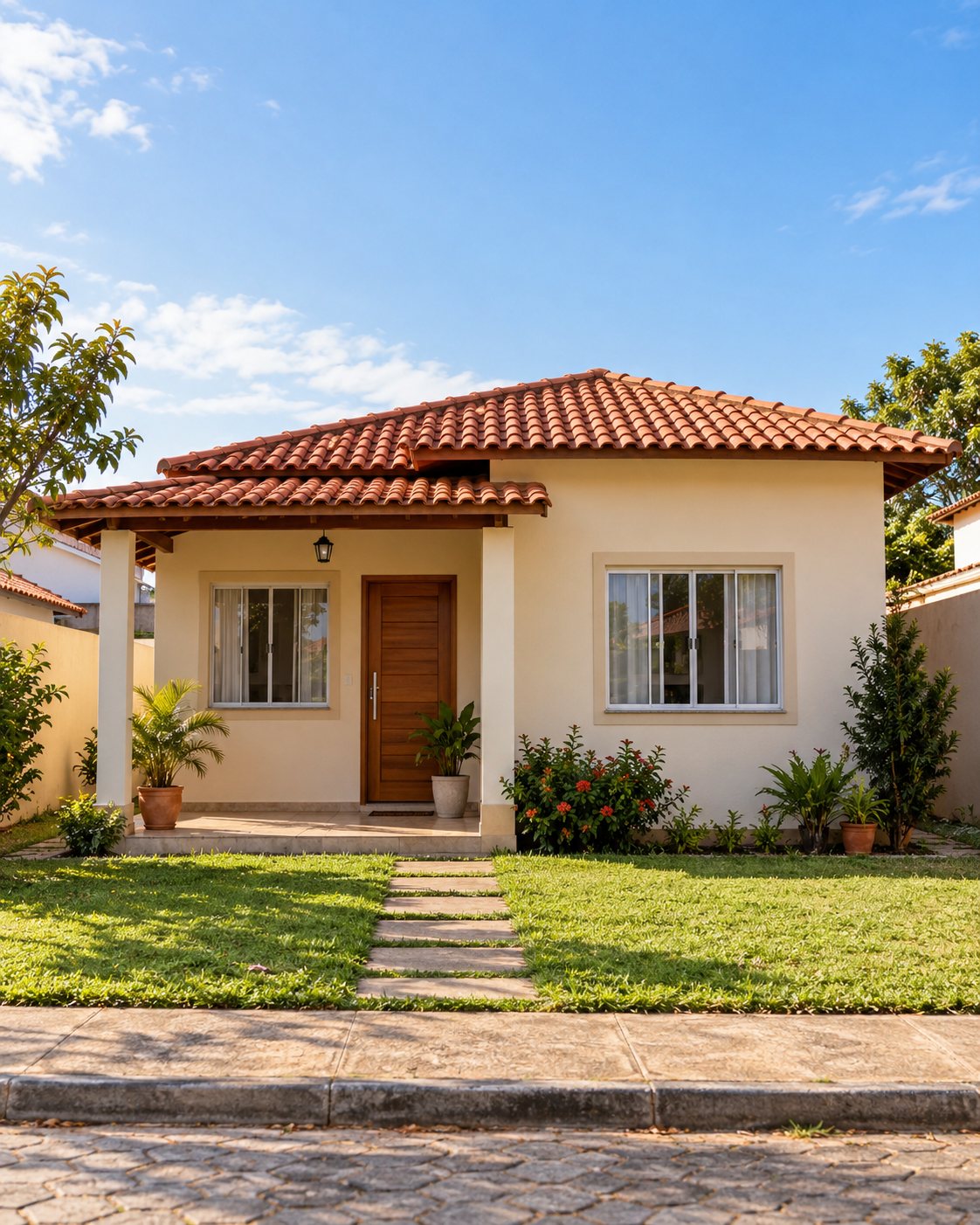 Casa térrea simples e acolhedora, com telhado de cerâmica e um pequeno jardim